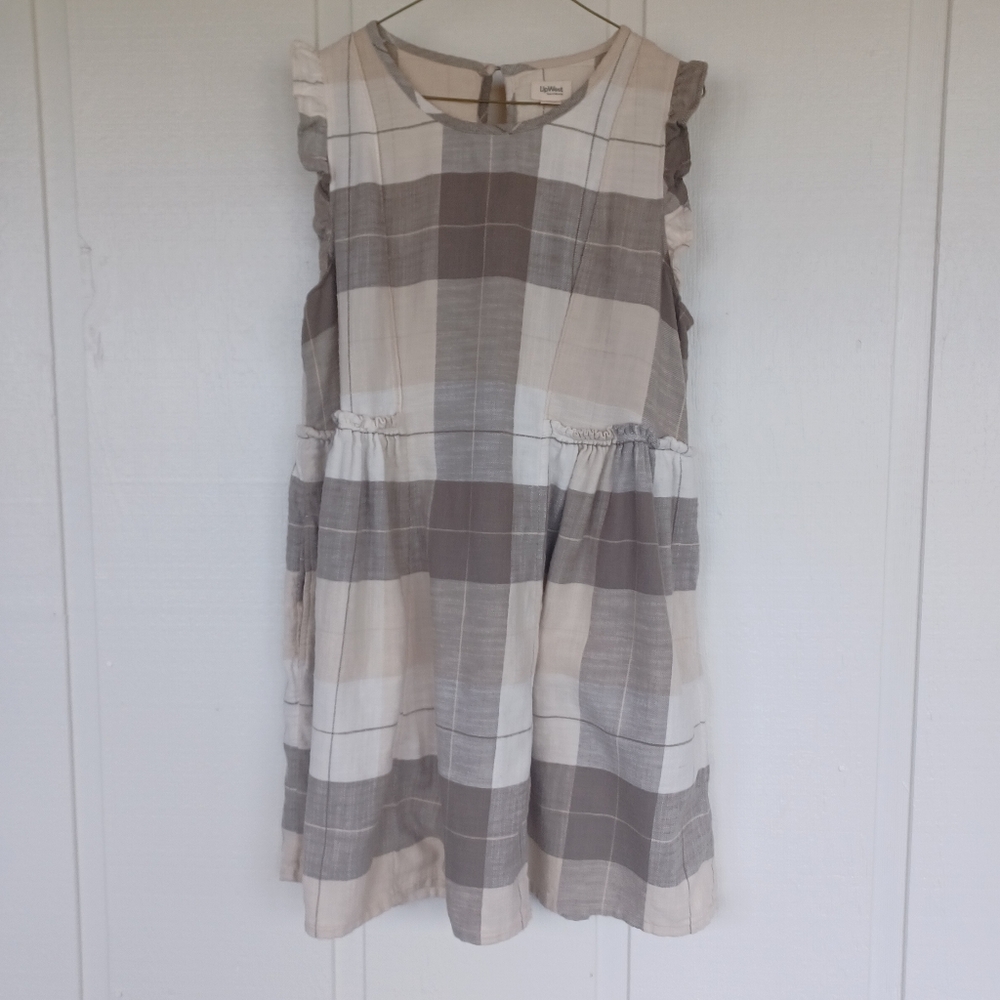 Upwest Woman's Large 100% Cotton Sleeveless Mini Dress Plaid Cream/Grey Light